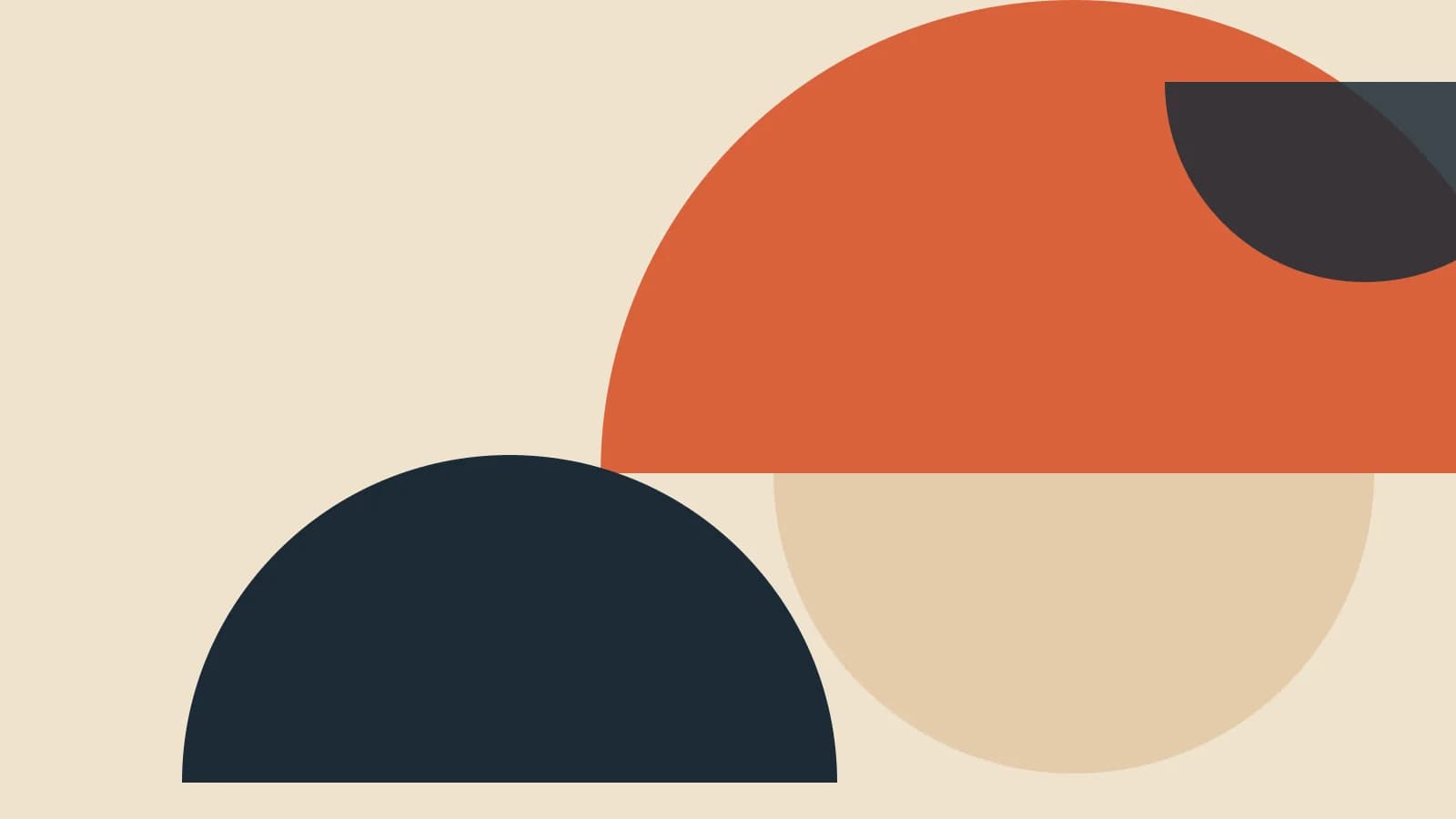 Abstract flat cover: bold terracotta and ink half-circle shapes stacked and cropped by the edges on a sand-toned background